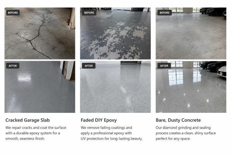 Charleston epoxy flooring before and after: cracked garage slab repair, faded DIY epoxy removal, and diamond-ground bare concrete transformation