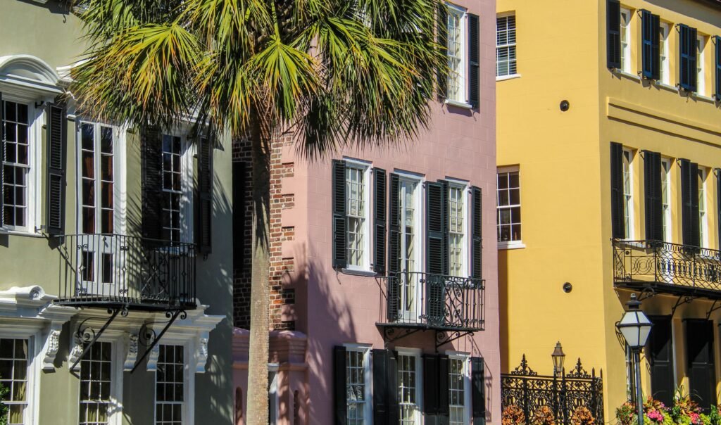 Vibrant historic buildings with palm tree in Charleston, capturing architectural charm.
