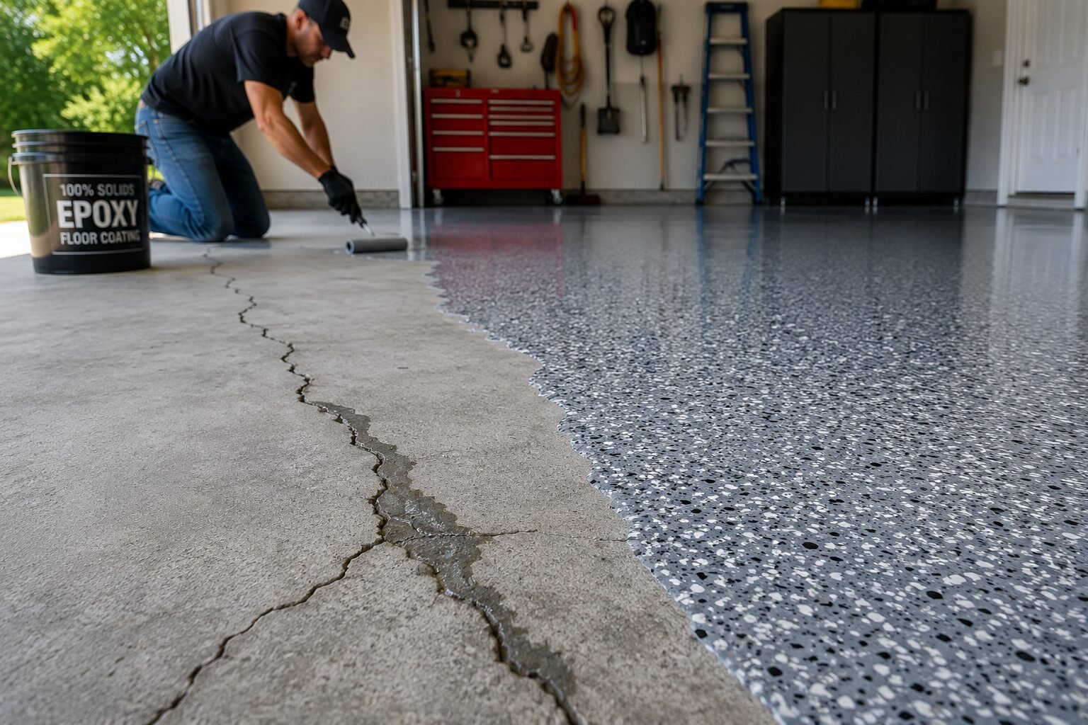 Contractor applying epoxy coating beside a repaired crack in a garage concrete floor