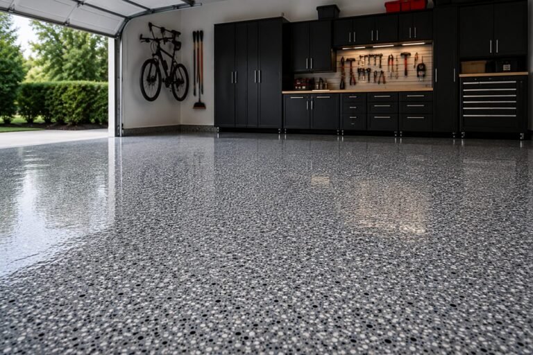 Finished decorative flake garage floor in a coastal South Carolina home