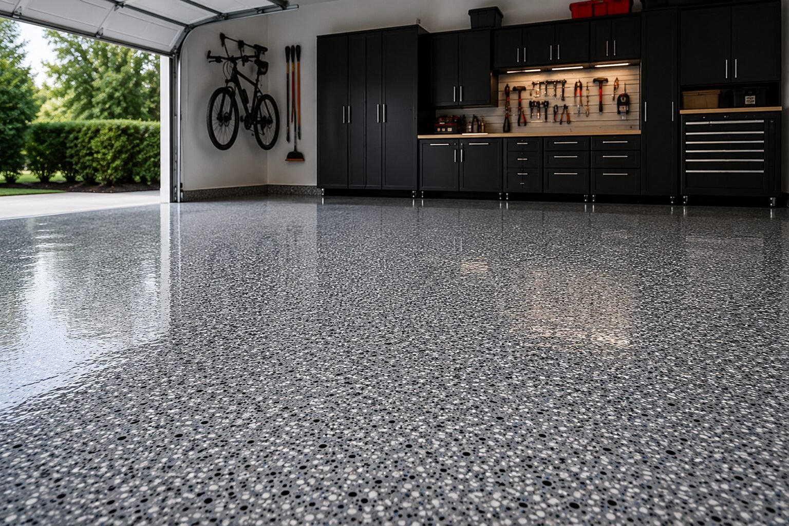 Finished decorative flake garage floor in a coastal South Carolina home