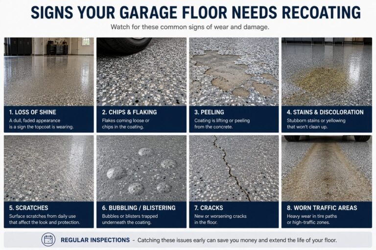 Signs a garage floor needs recoating, including peeling, scratches, blisters, cracks, stains, and worn traffic areas