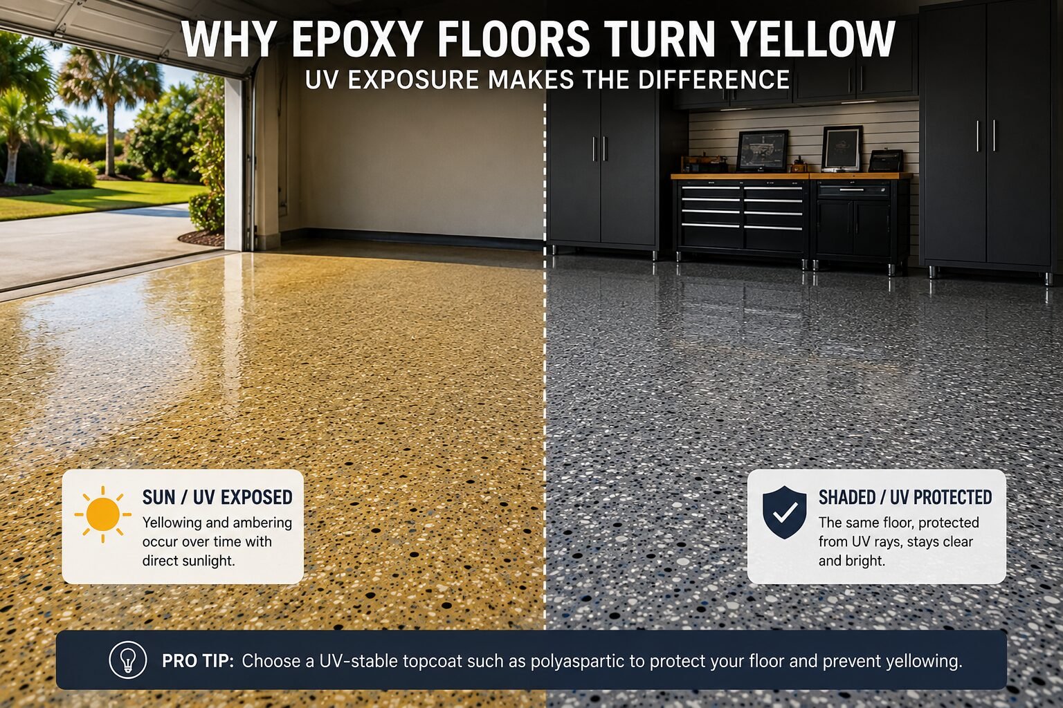 Sun-exposed epoxy floor showing yellowing beside a shaded UV-protected garage floor