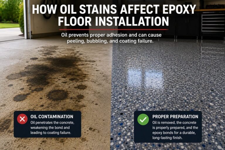 Oil-stained garage concrete beside a properly prepared epoxy floor